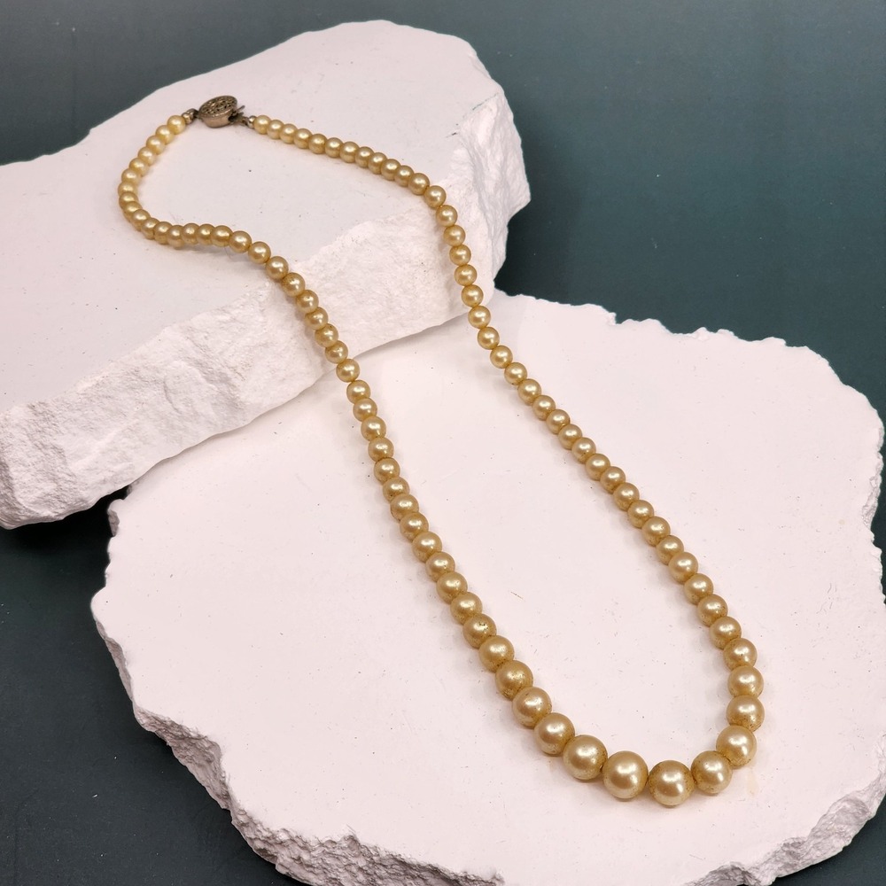 Graduated Faux Pearl Necklace Champagne Cream Filigree Box Clasp Bridal Formal
